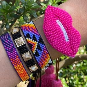 Black Miyuki Seed Beaded Bracelet with Gold Pyramid Studs